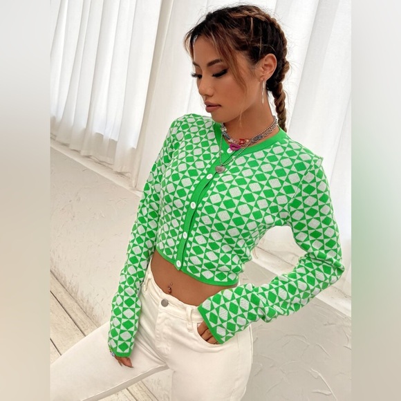 Zara Green Cream Geometric Button Front Cardigan Sweater Cropped Fitted - Picture 1 of 12